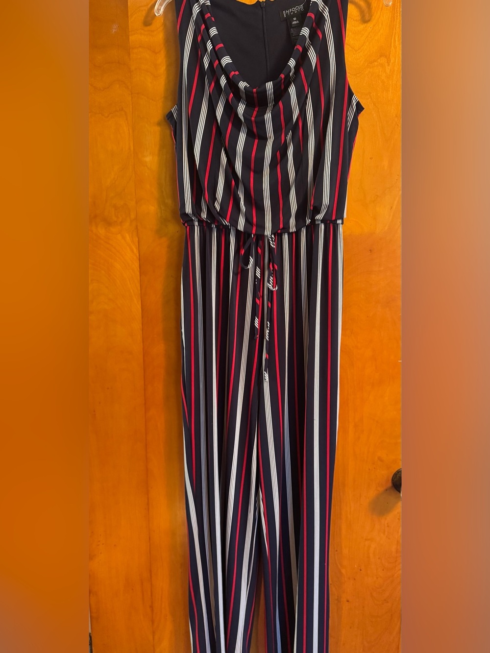 En Focus Studio Women’s Jumpsuit Size 10 Navy Red White Striped Cowl Neck